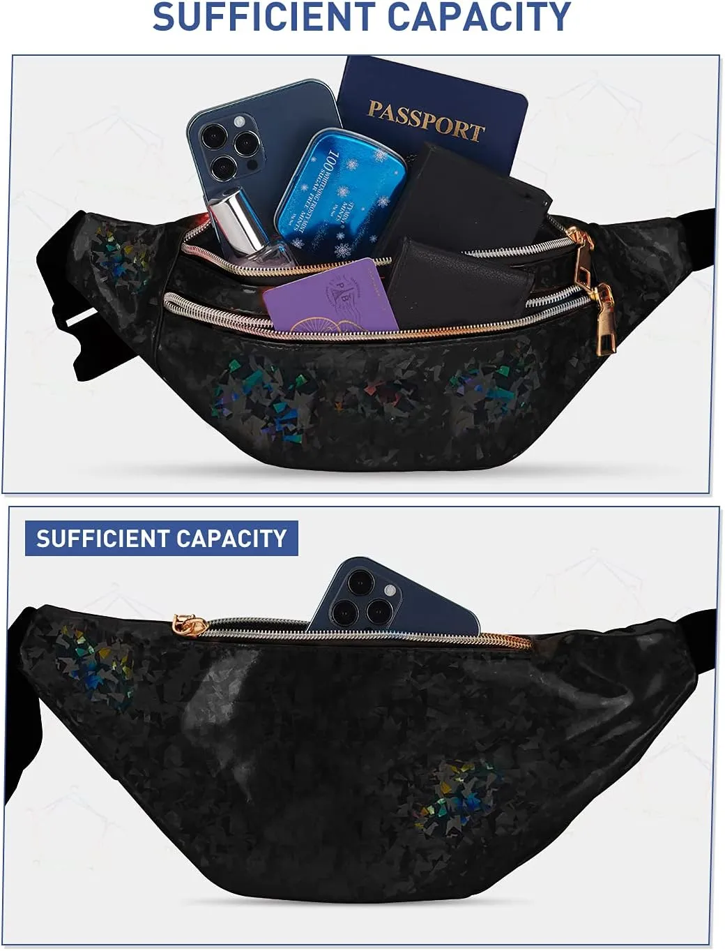 LIVACASA Holographic Fanny Packs for Women Cute Waist Packs Shiny Waist Bum Bag Waterproof for Travel Party Festival Running Hiking Black Shiny