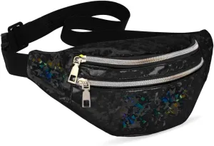 LIVACASA Holographic Fanny Packs for Women Cute Waist Packs Shiny Waist Bum Bag Waterproof for Travel Party Festival Running Hiking Black Shiny