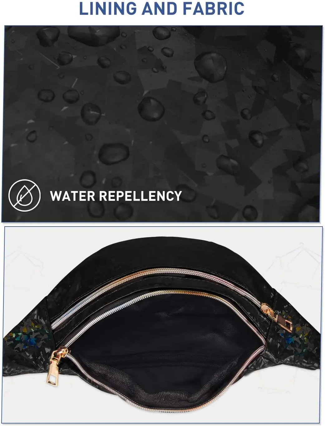 LIVACASA Holographic Fanny Packs for Women Cute Waist Packs Shiny Waist Bum Bag Waterproof for Travel Party Festival Running Hiking Black Shiny