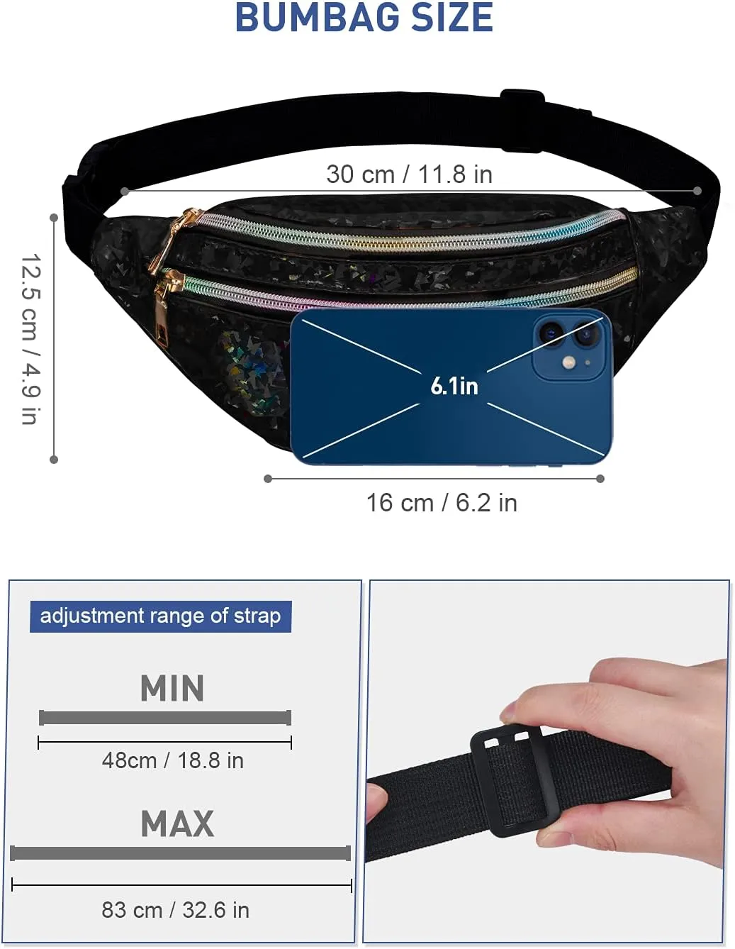 LIVACASA Holographic Fanny Packs for Women Cute Waist Packs Shiny Waist Bum Bag Waterproof for Travel Party Festival Running Hiking Black Shiny