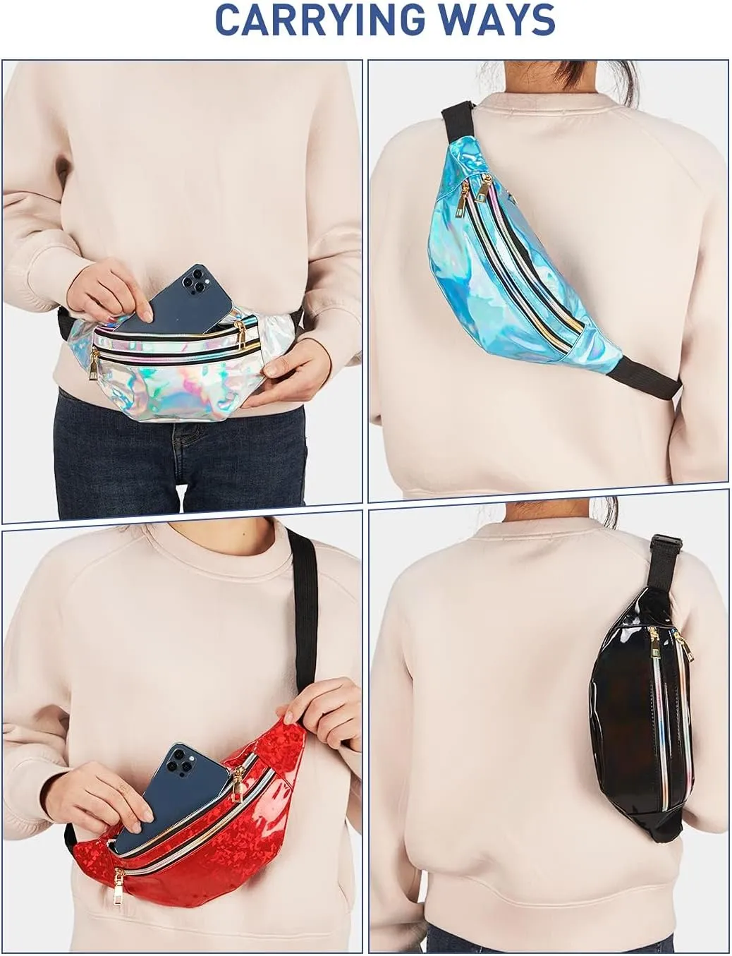 LIVACASA Holographic Fanny Packs for Women Cute Waist Packs Shiny Waist Bum Bag Waterproof for Travel Party Festival Running Hiking