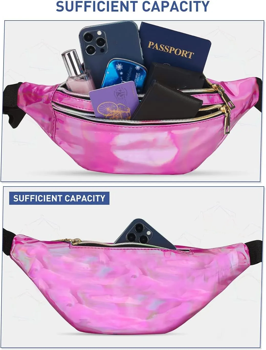 LIVACASA Holographic Fanny Packs for Women Cute Waist Packs Shiny Waist Bum Bag Waterproof for Travel Party Festival Running Hiking