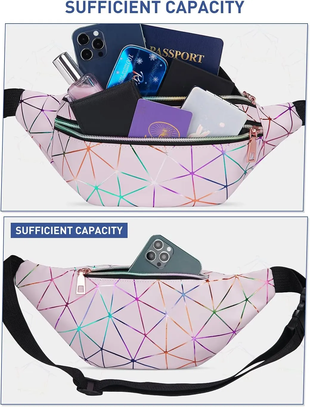 LIVACASA Holographic Fanny Packs for Women Waterproof Waist Packs Shiny with Adjustable Belt Diamond Lattice Pattern for Party Festival Trip Cute Pink