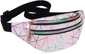 LIVACASA Holographic Fanny Packs for Women Waterproof Waist Packs Shiny with Adjustable Belt Diamond Lattice Pattern for Party Festival Trip Cute Pink