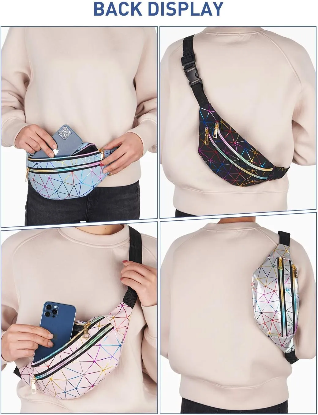 LIVACASA Holographic Fanny Packs for Women Waterproof Waist Packs Shiny with Adjustable Belt Diamond Lattice Pattern for Party Festival Trip Cute Pink
