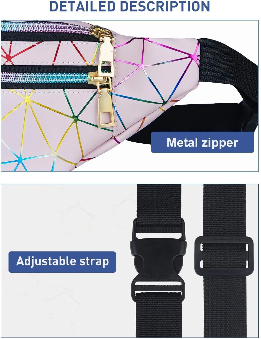 LIVACASA Holographic Fanny Packs for Women Waterproof Waist Packs Shiny with Adjustable Belt Diamond Lattice Pattern for Party Festival Trip Cute Pink