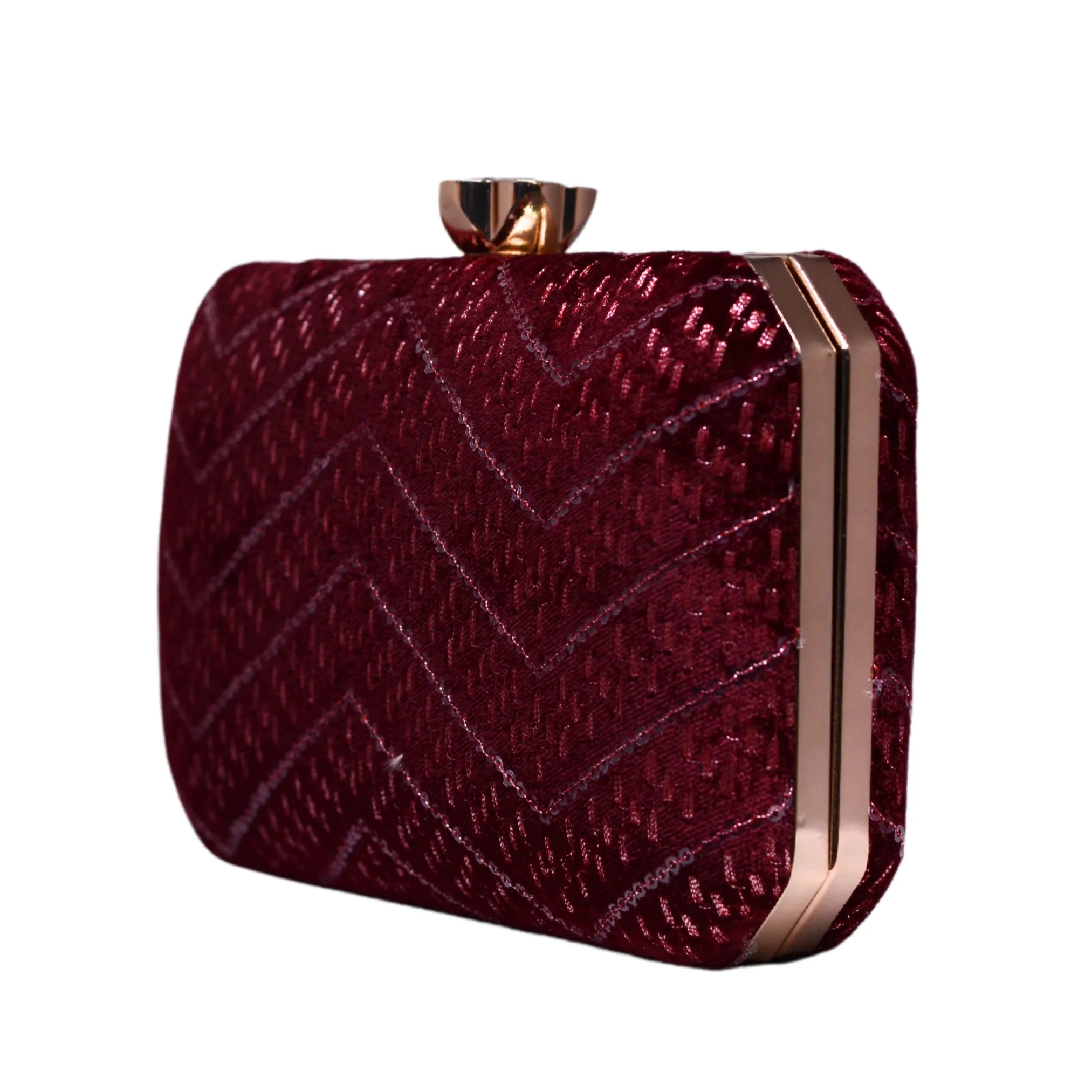 Maroon Zigzag Sequins Embroidery Fabric Clutch