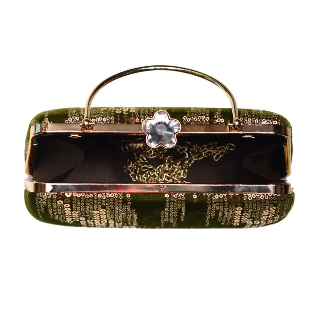 Moss Green Sequins Embroidery Party Clutch