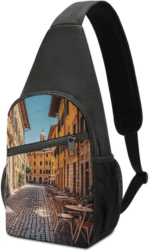 Old Courtyard Cafe Chair City, Rome, Italy Sling Bag Mini Crossbody Bags Travel Daypack Fanny Chest Bag Sling Backpack for Men Women
