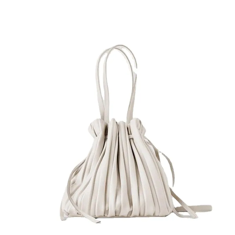 PU Leather Shoulder Bag Pleated Stripe Bucket Bag Ladies Crossbody Bag For Women Bag  Handbag
