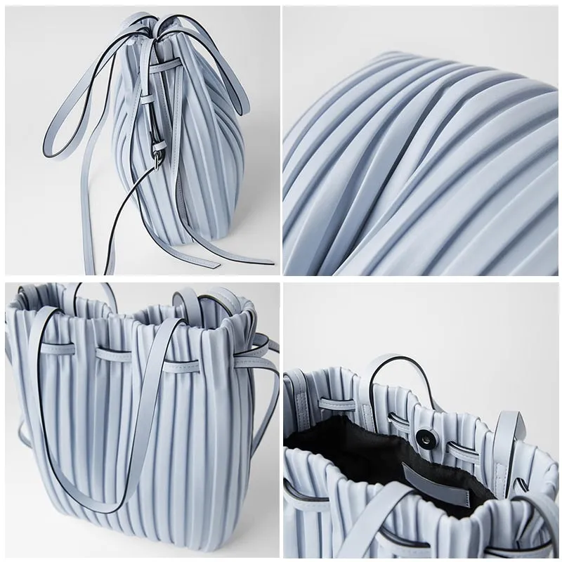 PU Leather Shoulder Bag Pleated Stripe Bucket Bag Ladies Crossbody Bag For Women Bag  Handbag