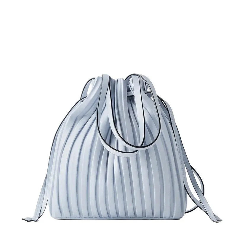 PU Leather Shoulder Bag Pleated Stripe Bucket Bag Ladies Crossbody Bag For Women Bag  Handbag