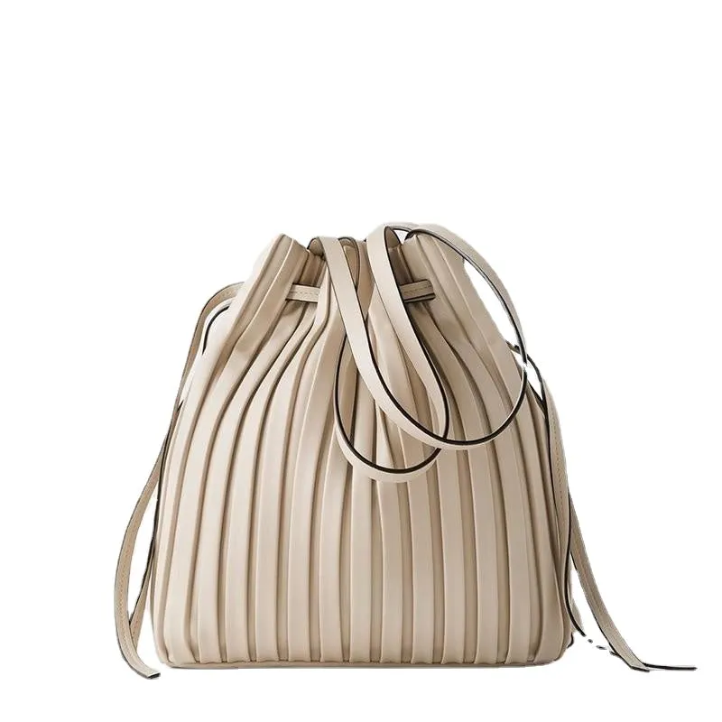 PU Leather Shoulder Bag Pleated Stripe Bucket Bag Ladies Crossbody Bag For Women Bag  Handbag