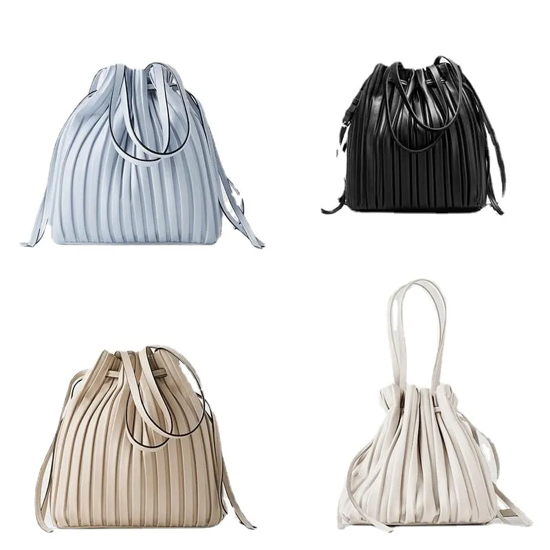 PU Leather Shoulder Bag Pleated Stripe Bucket Bag Ladies Crossbody Bag For Women Bag  Handbag