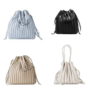 PU Leather Shoulder Bag Pleated Stripe Bucket Bag Ladies Crossbody Bag For Women Bag  Handbag