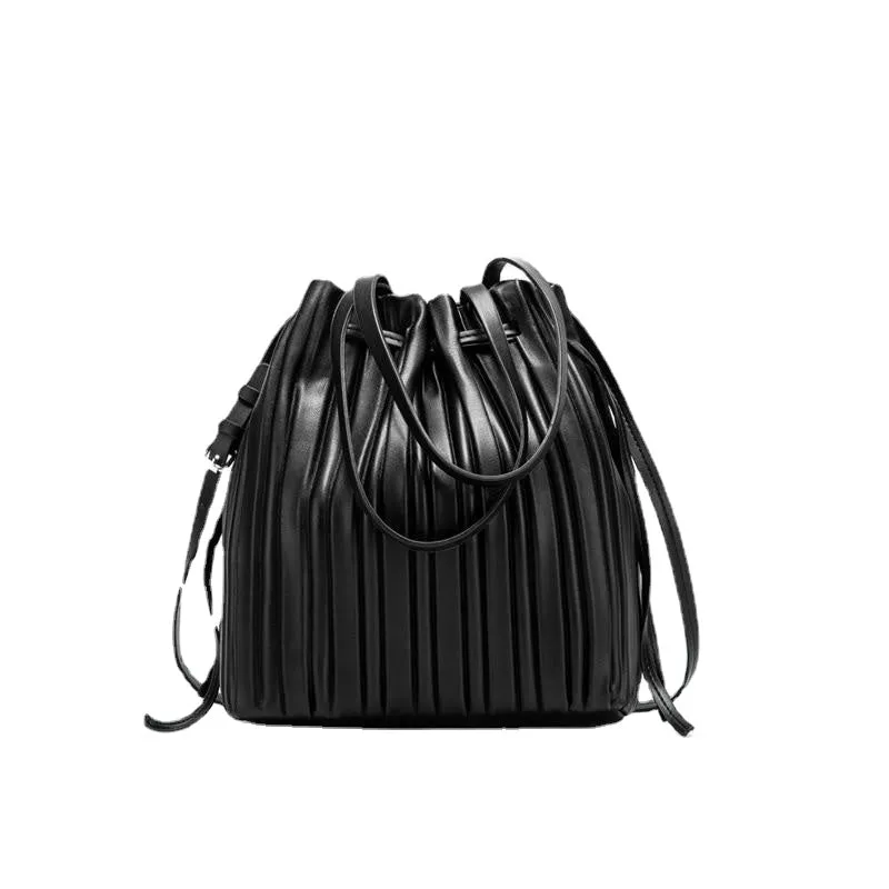 PU Leather Shoulder Bag Pleated Stripe Bucket Bag Ladies Crossbody Bag For Women Bag  Handbag