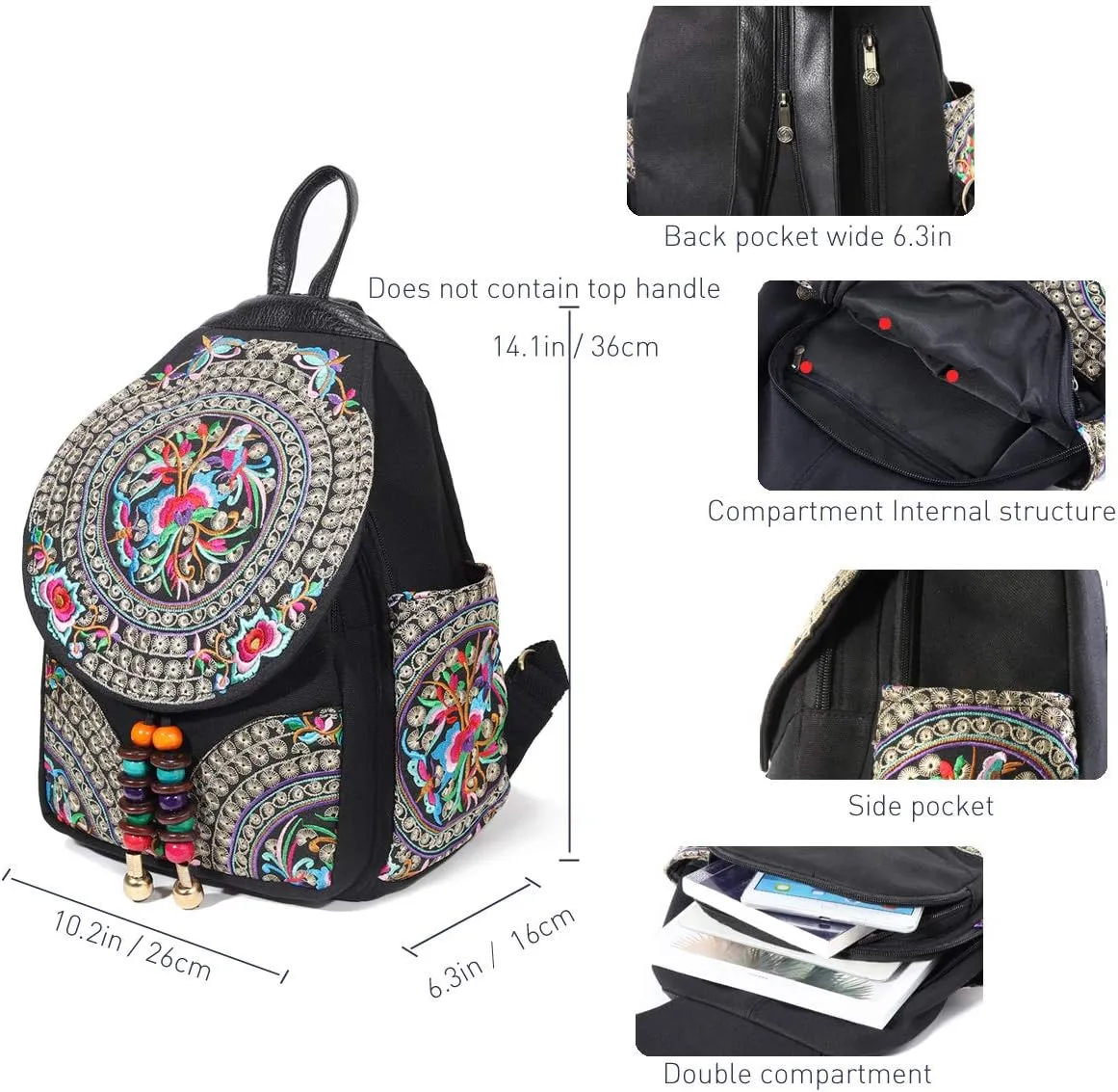 SILKAREA Vintage Embroidered Floral Ethnic Backpack Purse for Women Bohemian Handbag Shoulder Bag Travel Purse (Black S1)