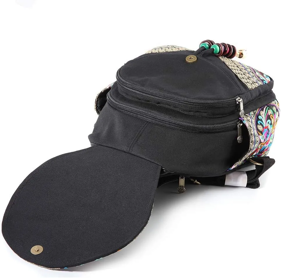 SILKAREA Vintage Embroidered Floral Ethnic Backpack Purse for Women Bohemian Handbag Shoulder Bag Travel Purse (Black S1)