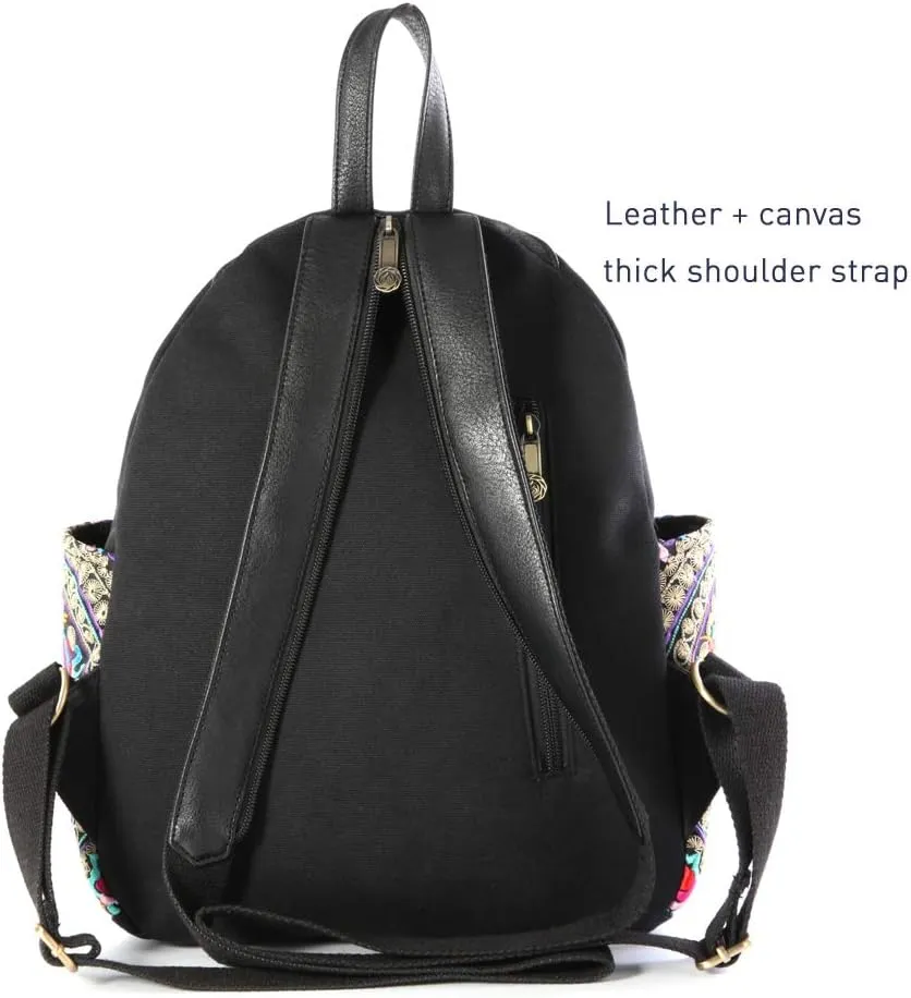 SILKAREA Vintage Embroidered Floral Ethnic Backpack Purse for Women Bohemian Handbag Shoulder Bag Travel Purse (Black S1)