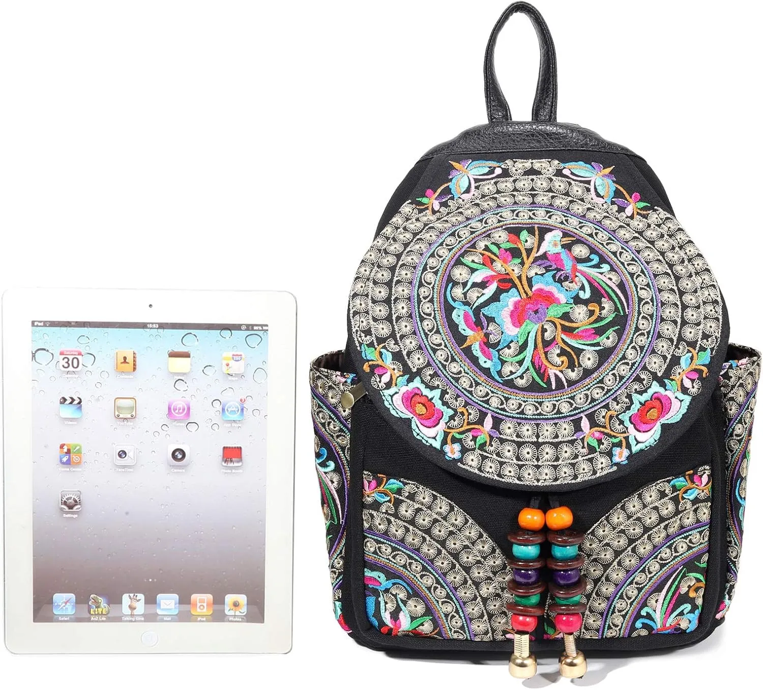 SILKAREA Vintage Embroidered Floral Ethnic Backpack Purse for Women Bohemian Handbag Shoulder Bag Travel Purse (Black S1)