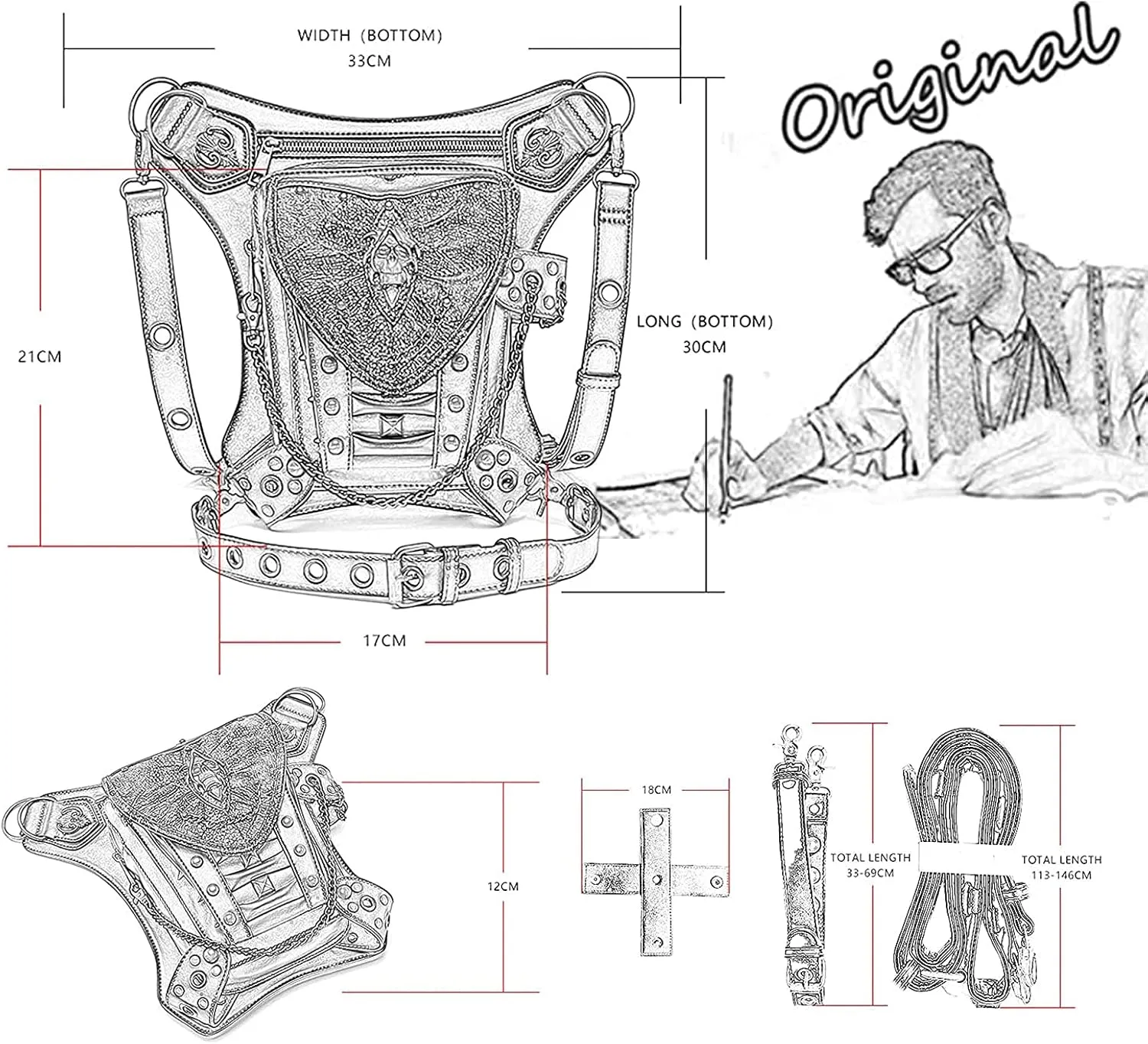 Steampunk Waist Bag Fanny Pack Fashion Gothic Leather Shoulder Crossbody Messenger Bags Thigh Leg Hip Holster Purse Travel Pouch Hiking Sport Chain Bags for Women Men