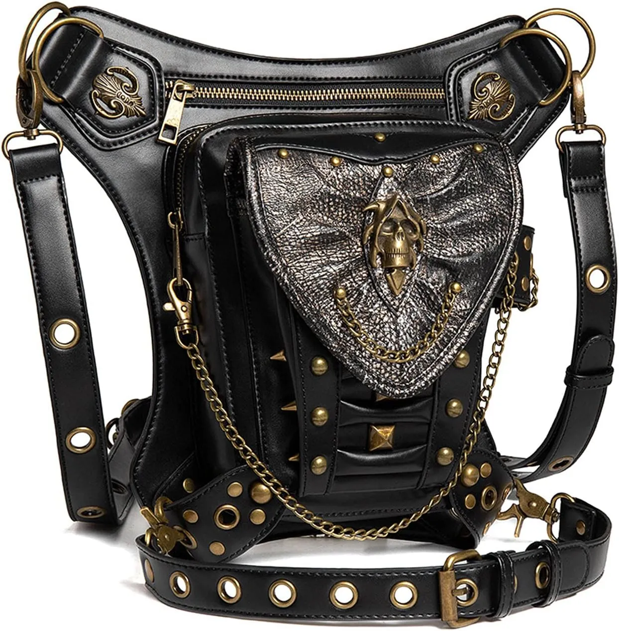 Steampunk Waist Bag Fanny Pack Fashion Gothic Leather Shoulder Crossbody Messenger Bags Thigh Leg Hip Holster Purse Travel Pouch Hiking Sport Chain Bags for Women Men
