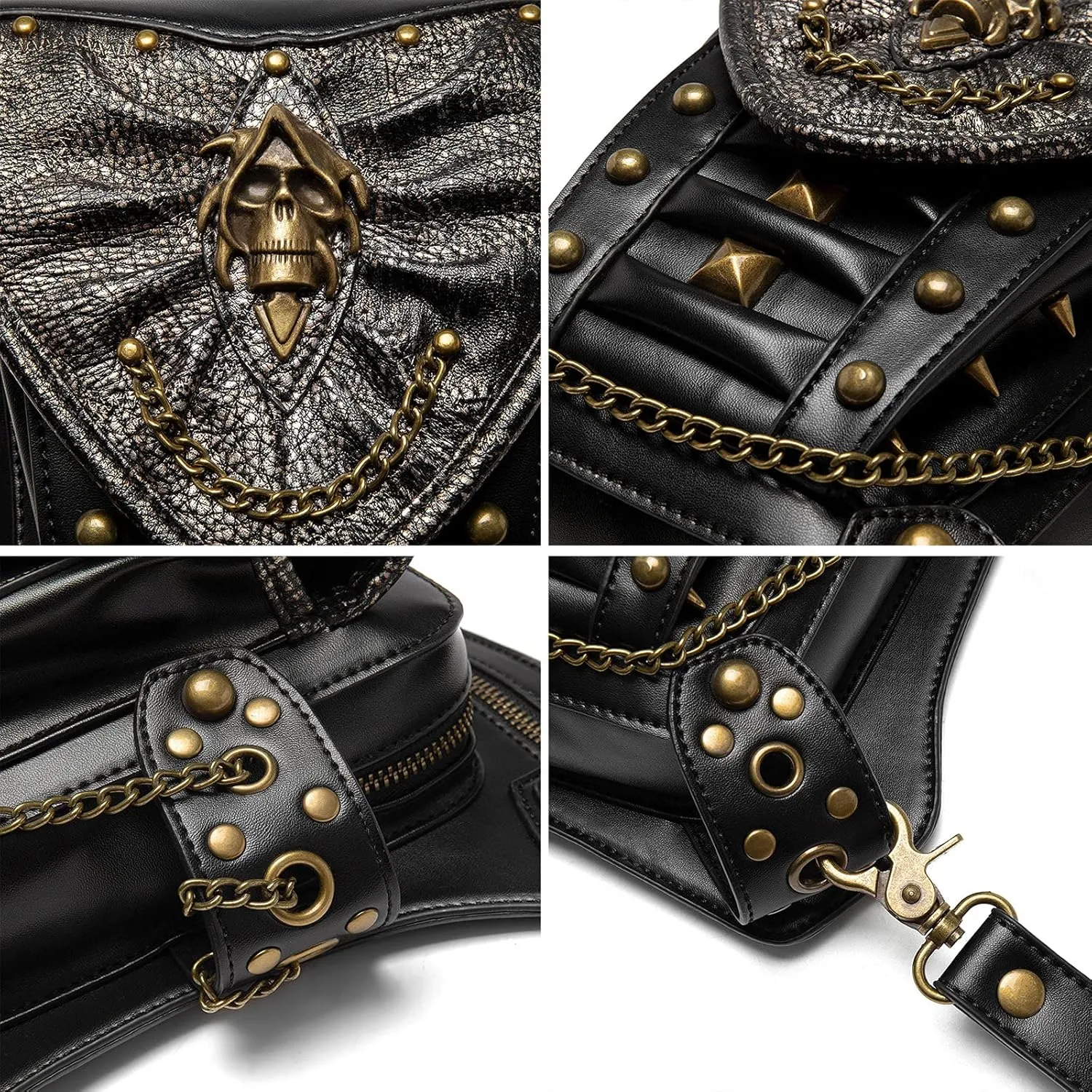 Steampunk Waist Bag Fanny Pack Fashion Gothic Leather Shoulder Crossbody Messenger Bags Thigh Leg Hip Holster Purse Travel Pouch Hiking Sport Chain Bags for Women Men