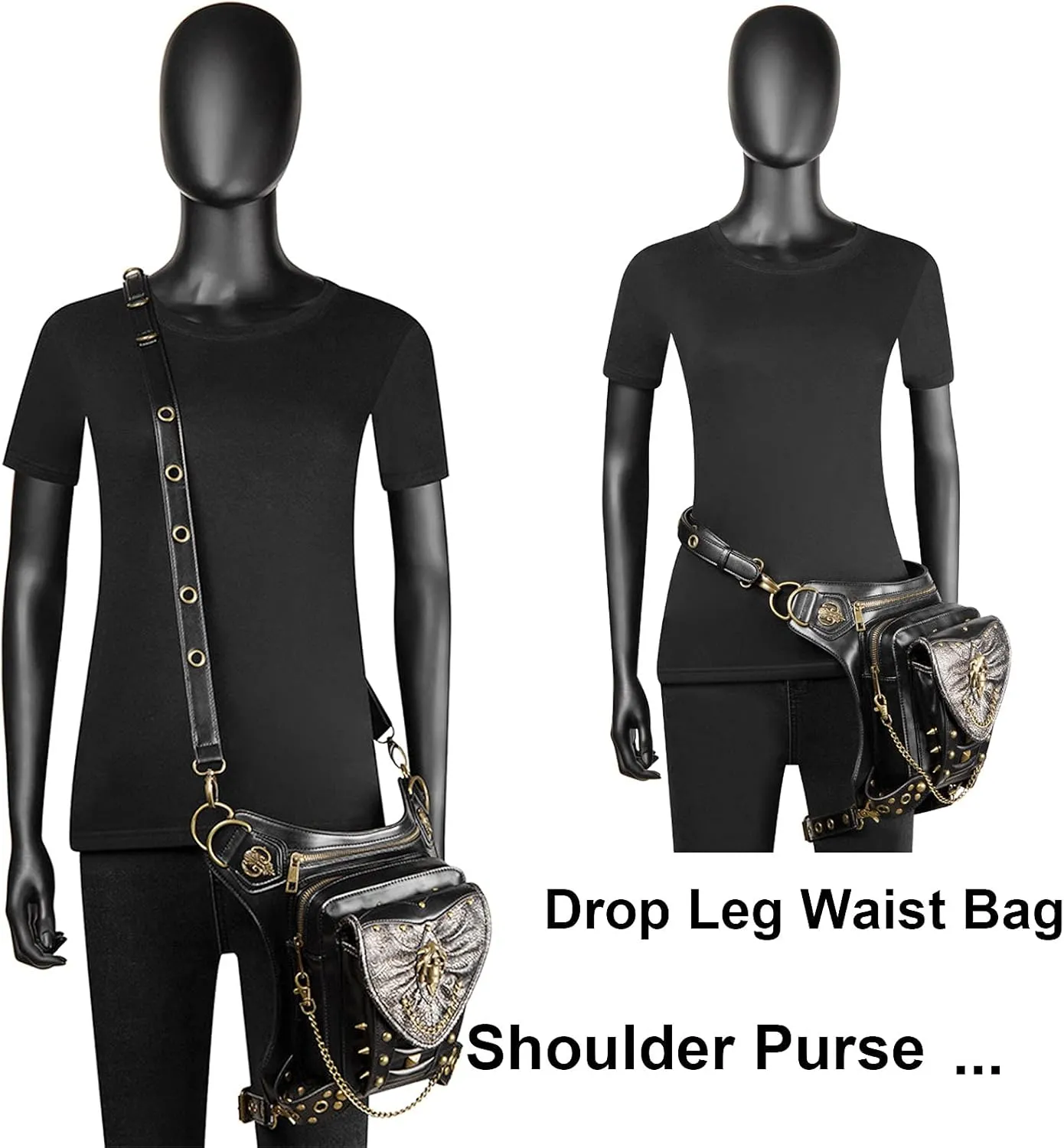Steampunk Waist Bag Fanny Pack Fashion Gothic Leather Shoulder Crossbody Messenger Bags Thigh Leg Hip Holster Purse Travel Pouch Hiking Sport Chain Bags for Women Men