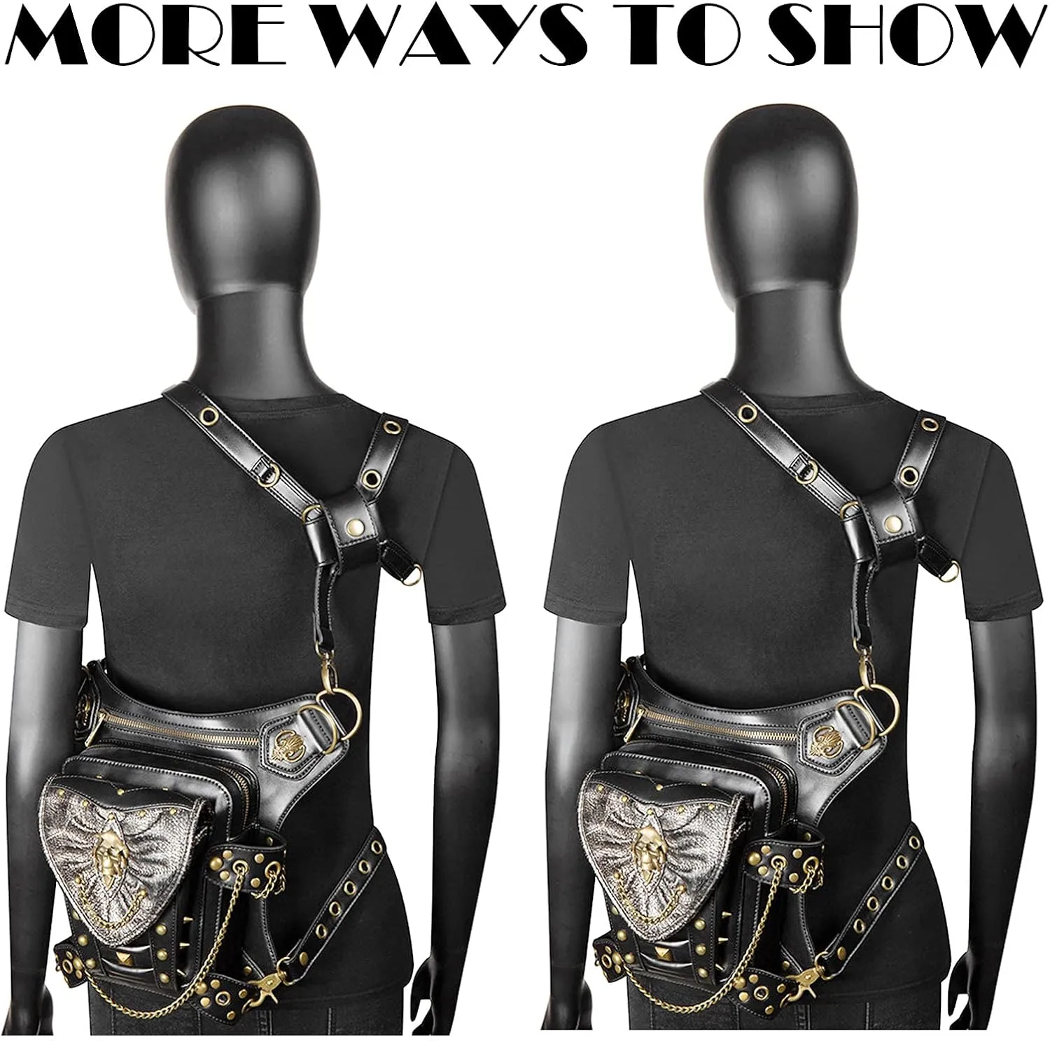 Steampunk Waist Bag Fanny Pack Fashion Gothic Leather Shoulder Crossbody Messenger Bags Thigh Leg Hip Holster Purse Travel Pouch Hiking Sport Chain Bags for Women Men