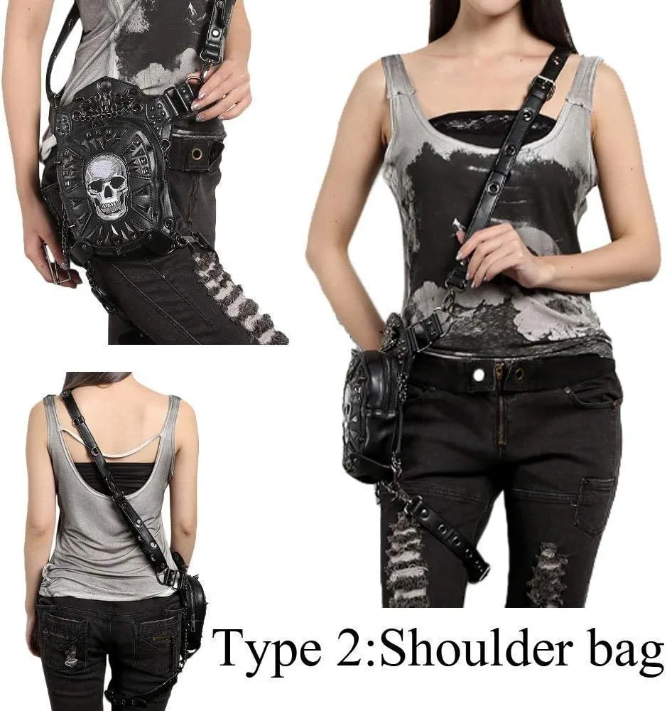 Steampunk Waist Bag Fanny Pack Fashion Gothic Leather Shoulder Crossbody Messenger Bags Thigh Leg Hip Holster Purse Travel Pouch Hiking Sport Chain Bags for Women Men