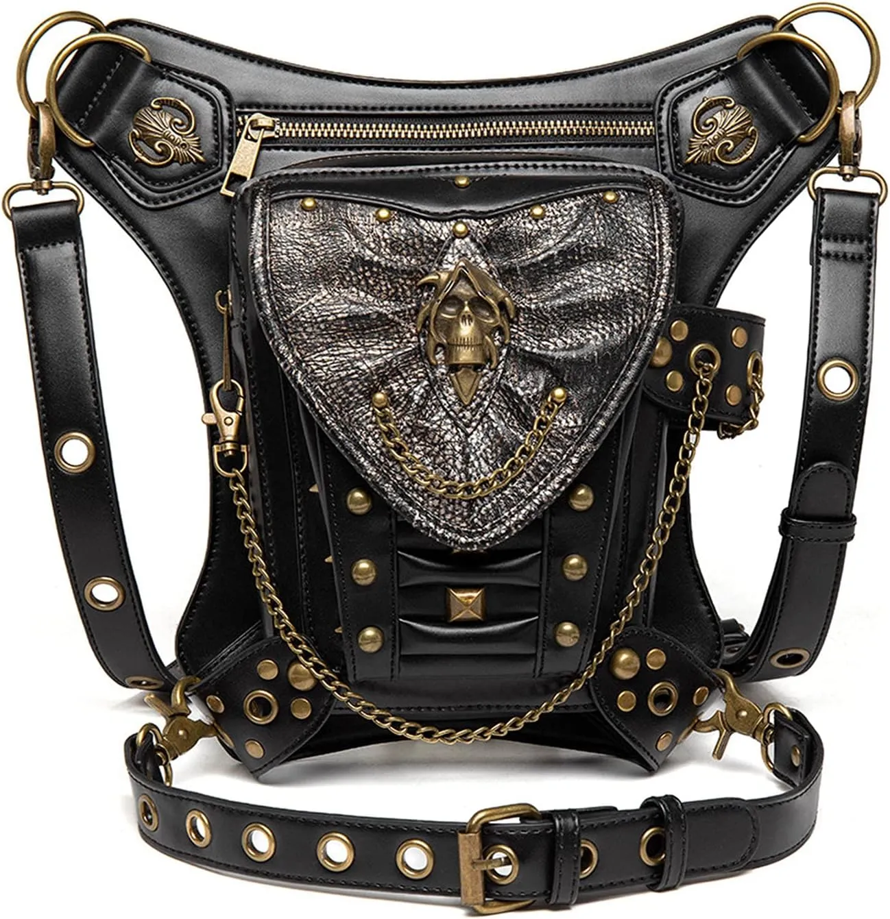 Steampunk Waist Bag Fanny Pack Fashion Gothic Leather Shoulder Crossbody Messenger Bags Thigh Leg Hip Holster Purse Travel Pouch Hiking Sport Chain Bags for Women Men