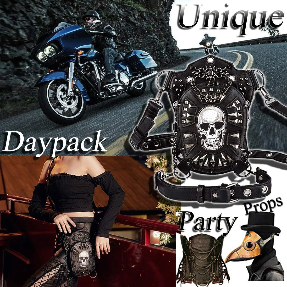 Steampunk Waist Bag Fanny Pack Fashion Gothic Leather Shoulder Crossbody Messenger Bags Thigh Leg Hip Holster Purse Travel Pouch Hiking Sport Chain Bags for Women Men
