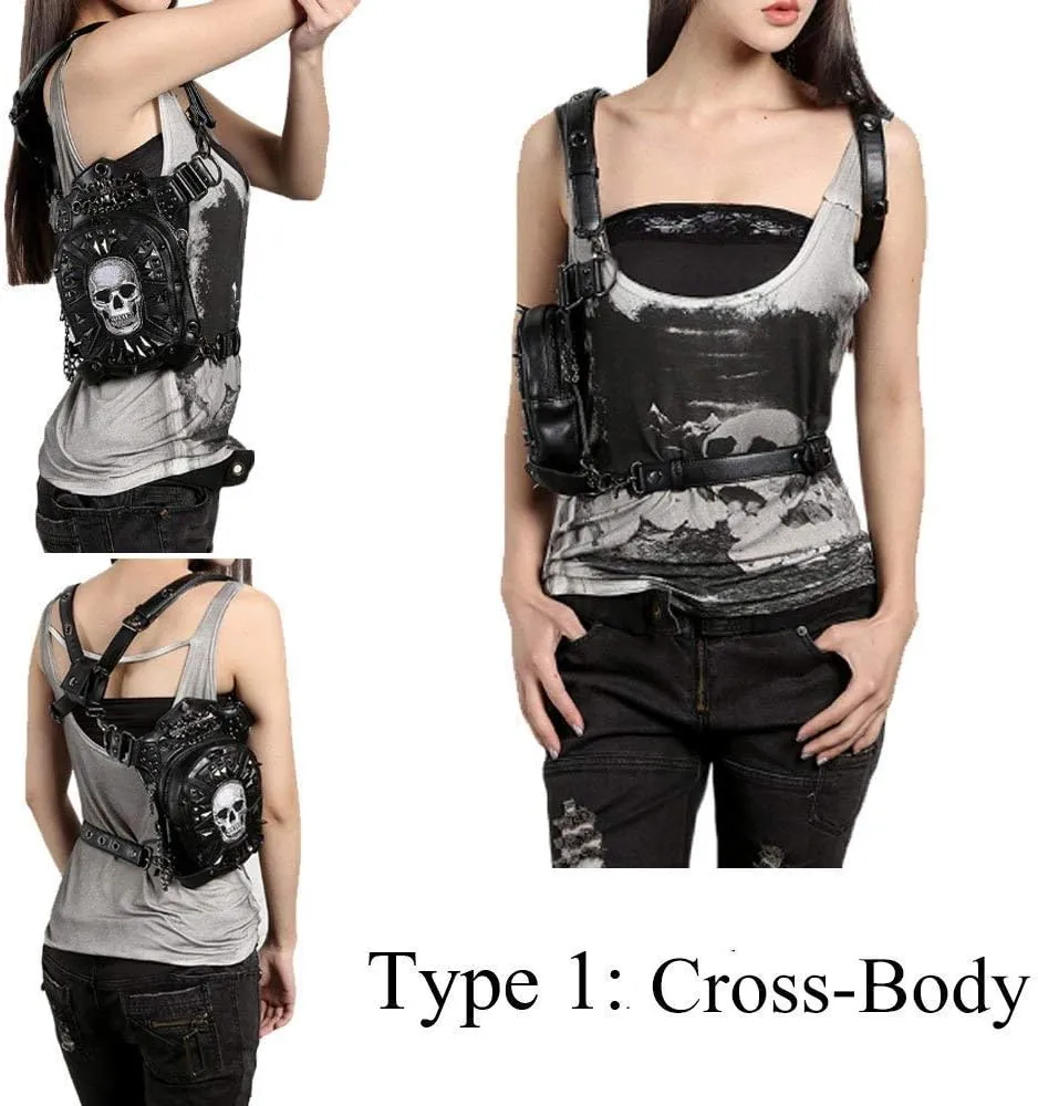 Steampunk Waist Bag Fanny Pack Fashion Gothic Leather Shoulder Crossbody Messenger Bags Thigh Leg Hip Holster Purse Travel Pouch Hiking Sport Chain Bags for Women Men
