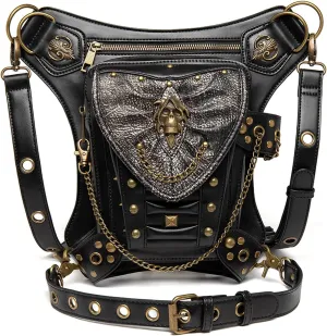 Steampunk Waist Bag Fanny Pack Fashion Gothic Leather Shoulder Crossbody Messenger Bags Thigh Leg Hip Holster Purse Travel Pouch Hiking Sport Chain Bags for Women Men