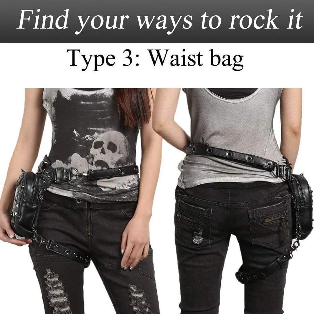 Steampunk Waist Bag Fanny Pack Fashion Gothic Leather Shoulder Crossbody Messenger Bags Thigh Leg Hip Holster Purse Travel Pouch Hiking Sport Chain Bags for Women Men