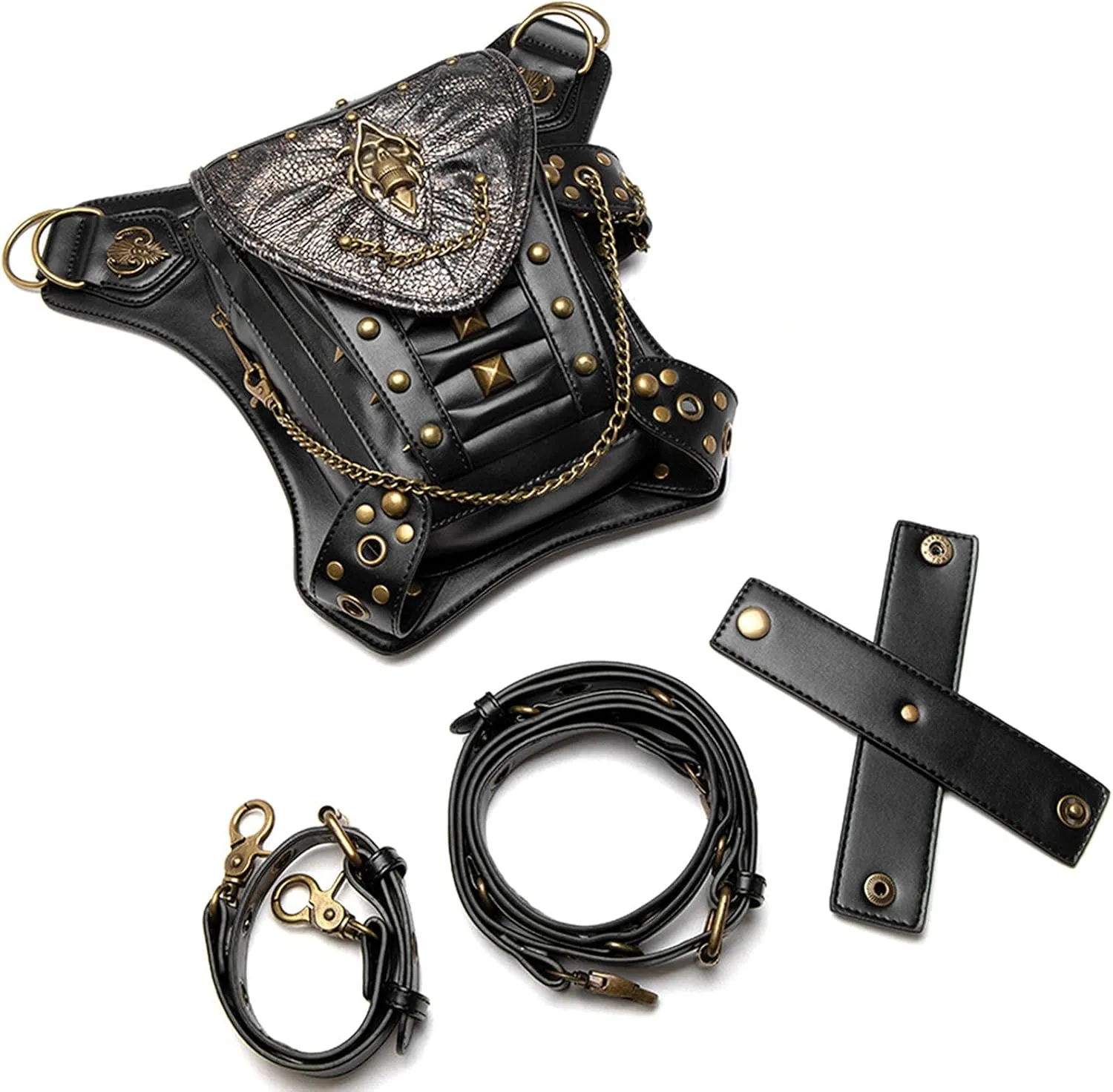 Steampunk Waist Bag Fanny Pack Fashion Gothic Leather Shoulder Crossbody Messenger Bags Thigh Leg Hip Holster Purse Travel Pouch Hiking Sport Chain Bags for Women Men