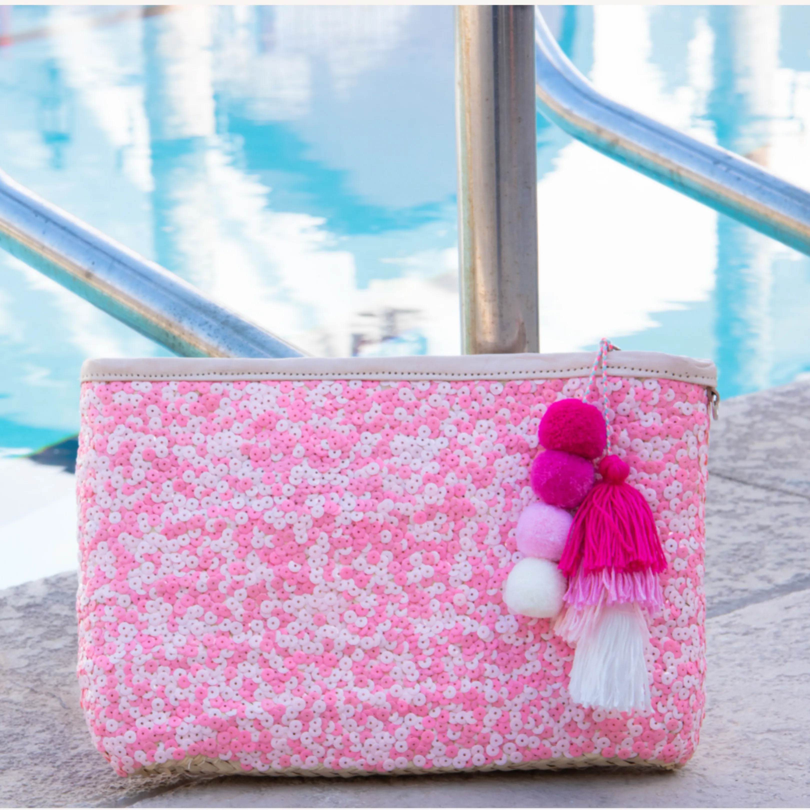 Straw Clutch with Pink Sequins