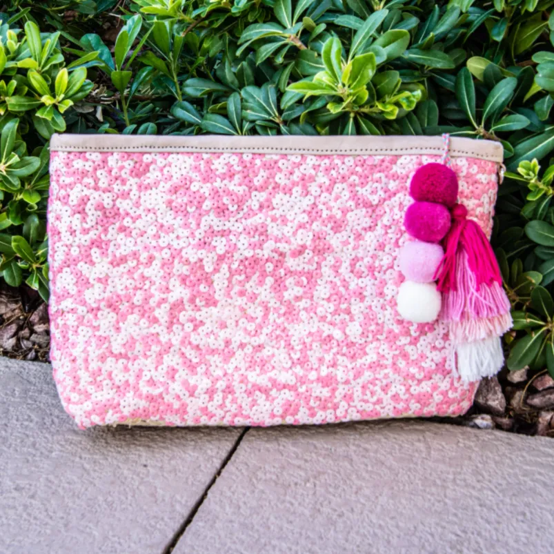 Straw Clutch with Pink Sequins