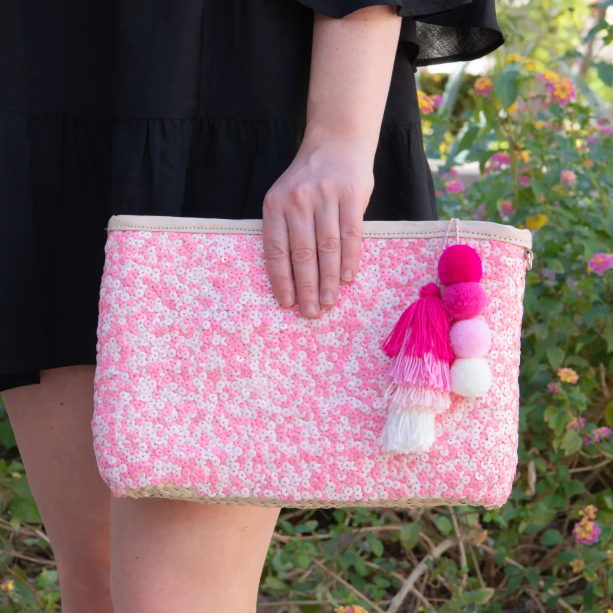 Straw Clutch with Pink Sequins