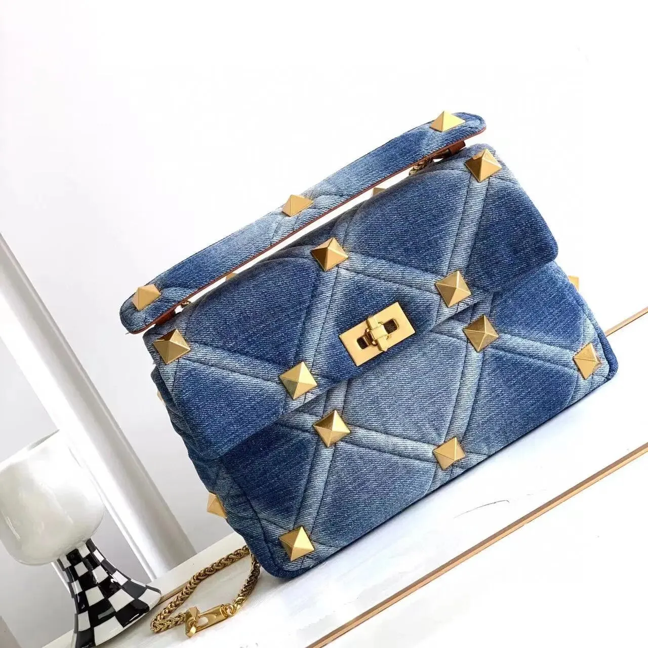 Sue Denim gold Studded Bag