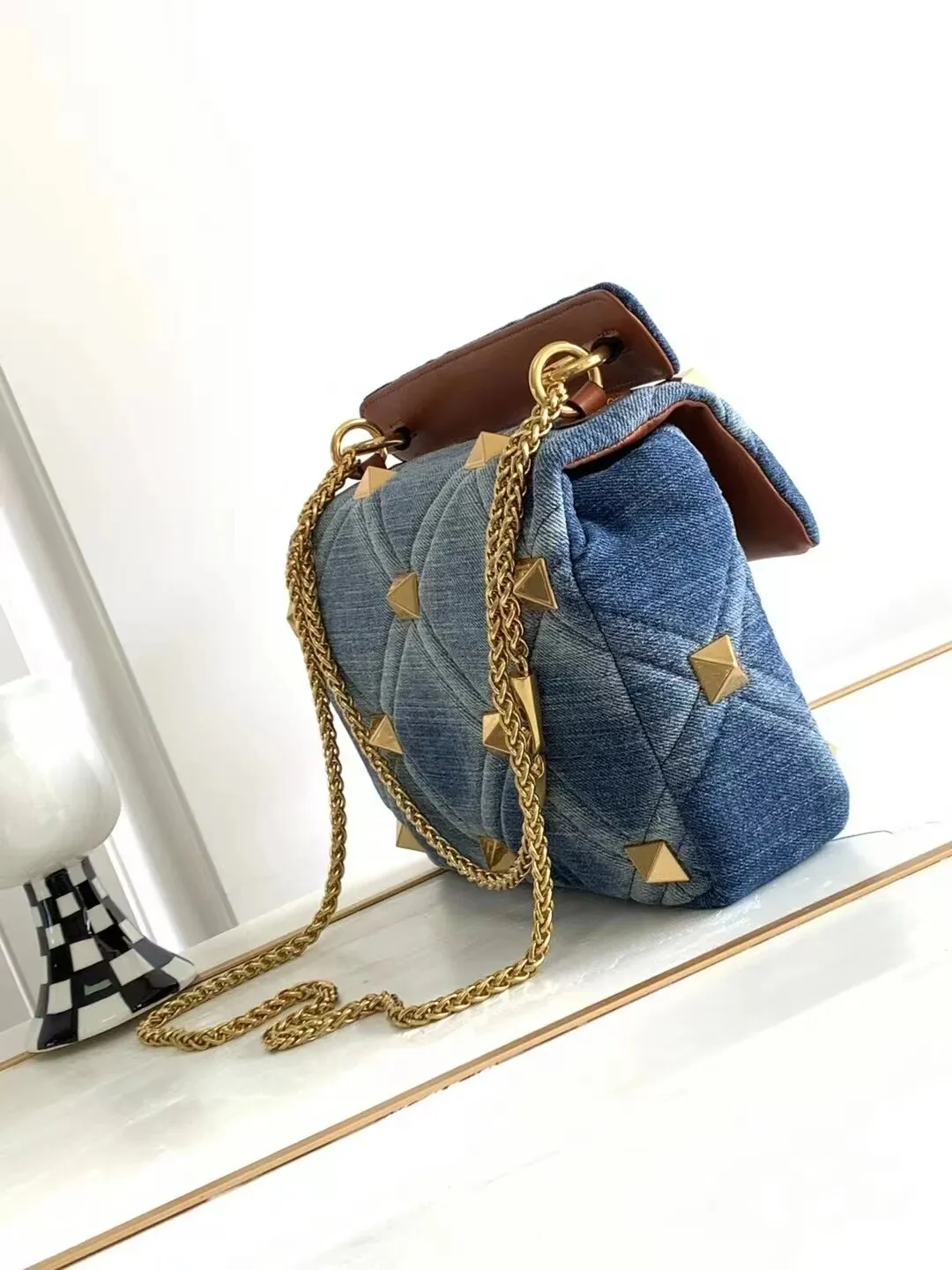 Sue Denim gold Studded Bag