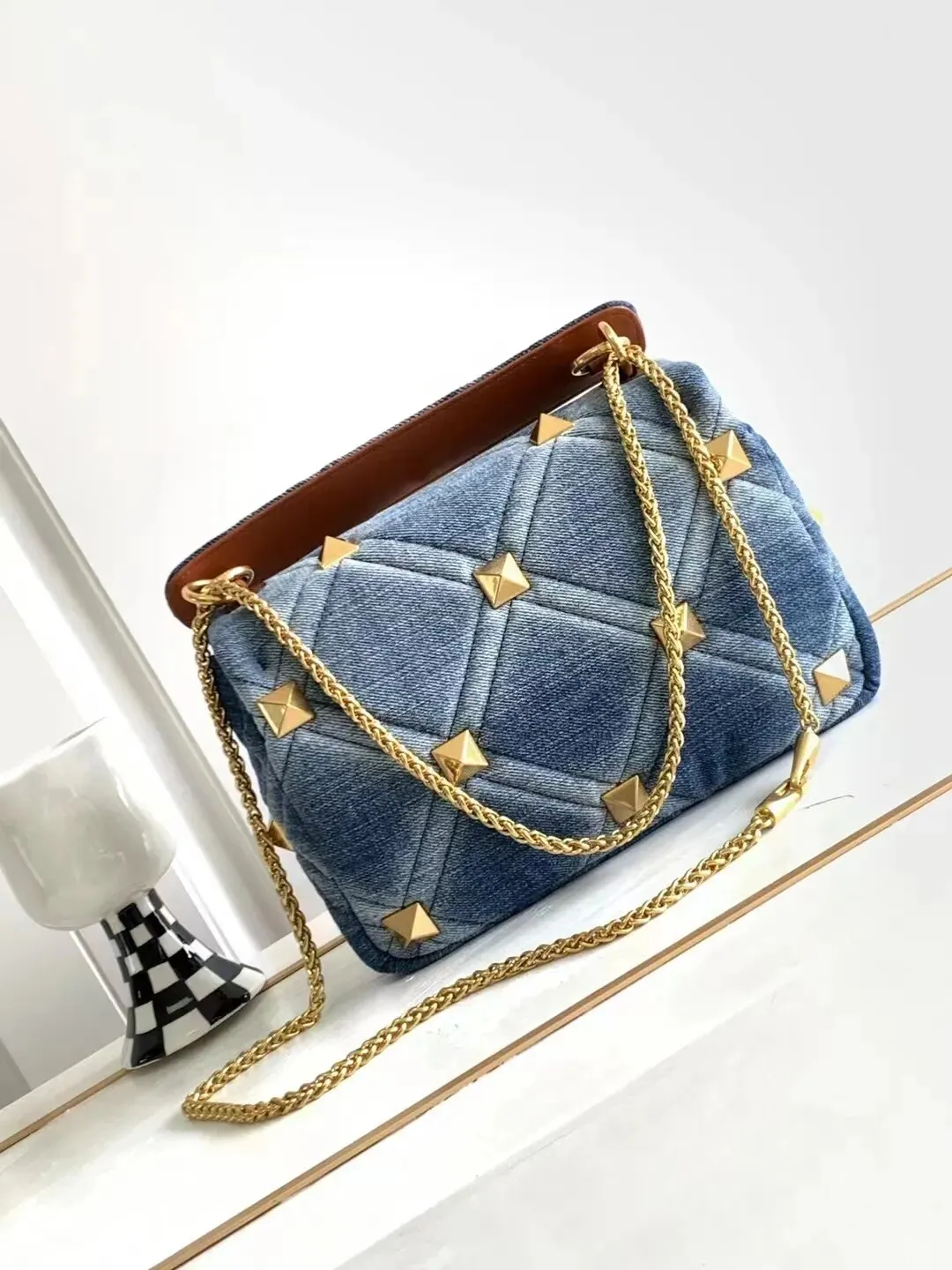 Sue Denim gold Studded Bag