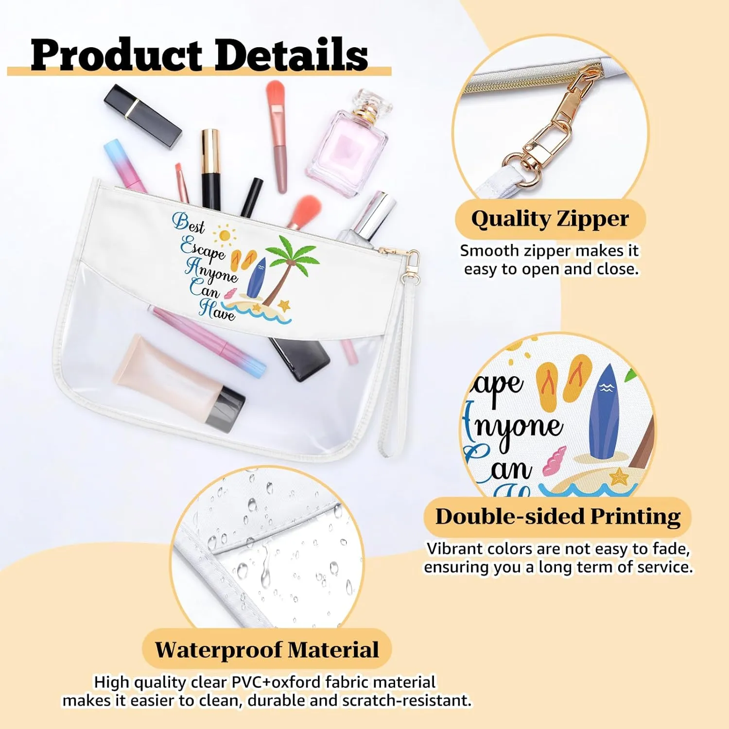 Summer Beach Makeup Bag Vacation Beside Themed Gift for Beach Lover Clear Cosmetic Bag Coconut Surfer Lover Present Girls Trip Gift Beside Stuff Necessities for Bestie Birthday Christmas Graduation