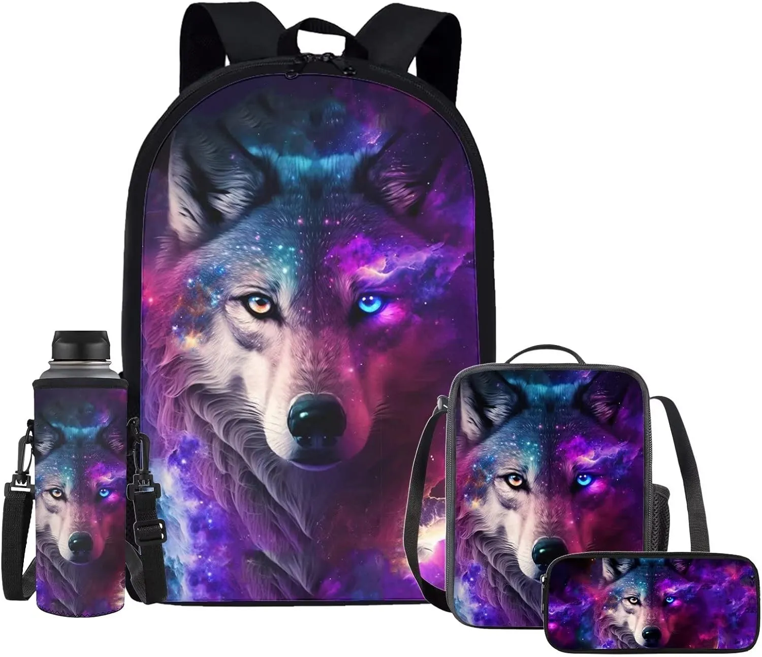 Upetstory Galaxy Wolf Backpacks Set for School for Kids Girls Boys School Bag Set with Lunch Box Pencil Case Water Bottle Sleeve Preschool Kindergarten Elementary Bookbag Teenager Schoolbag