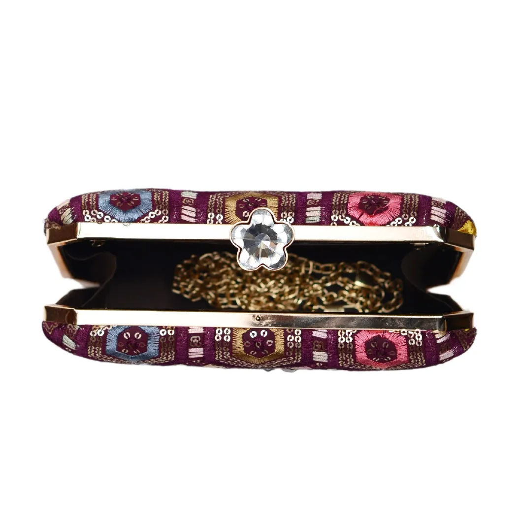 Wine Rectangle Sequins Embroidery Clutch