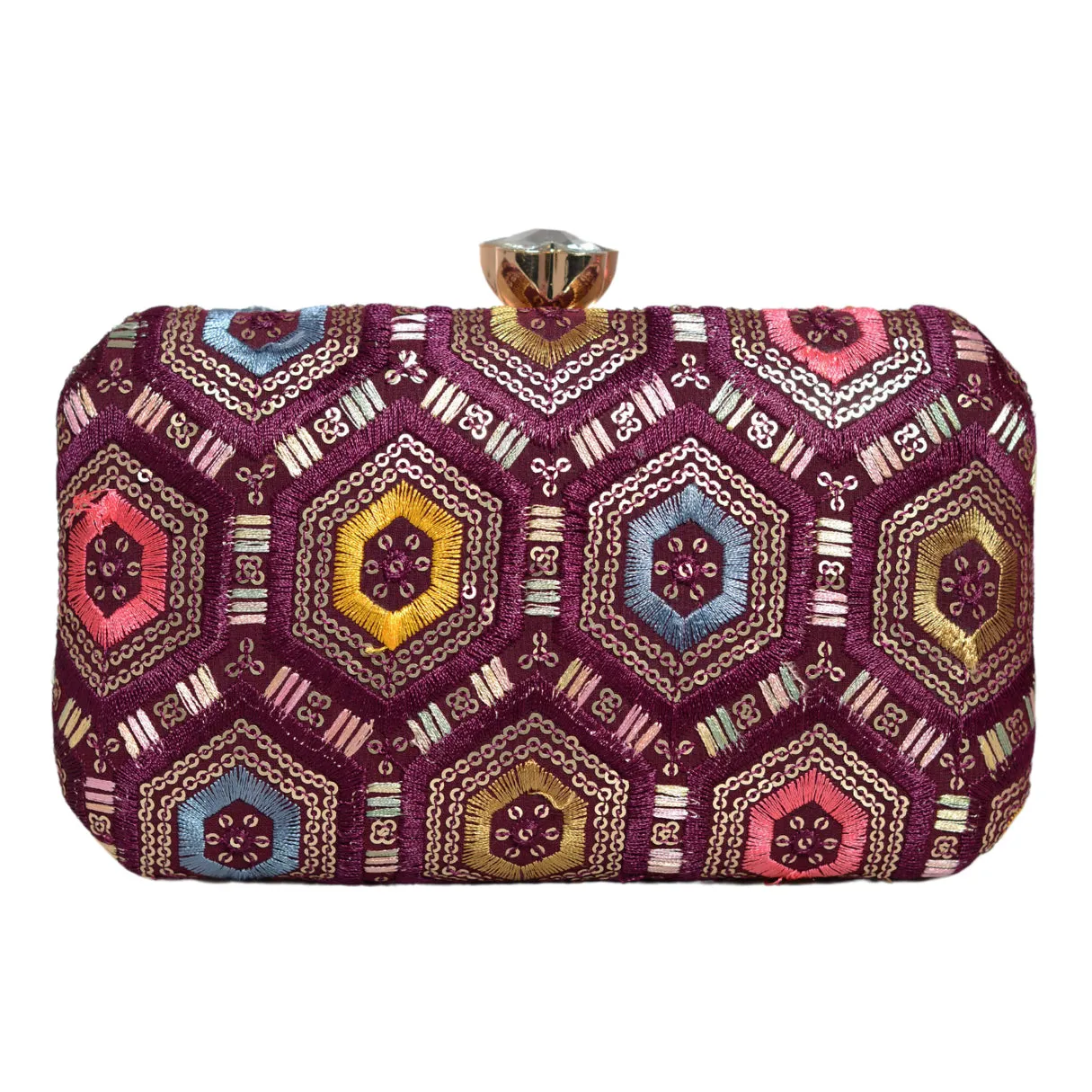 Wine Rectangle Sequins Embroidery Clutch