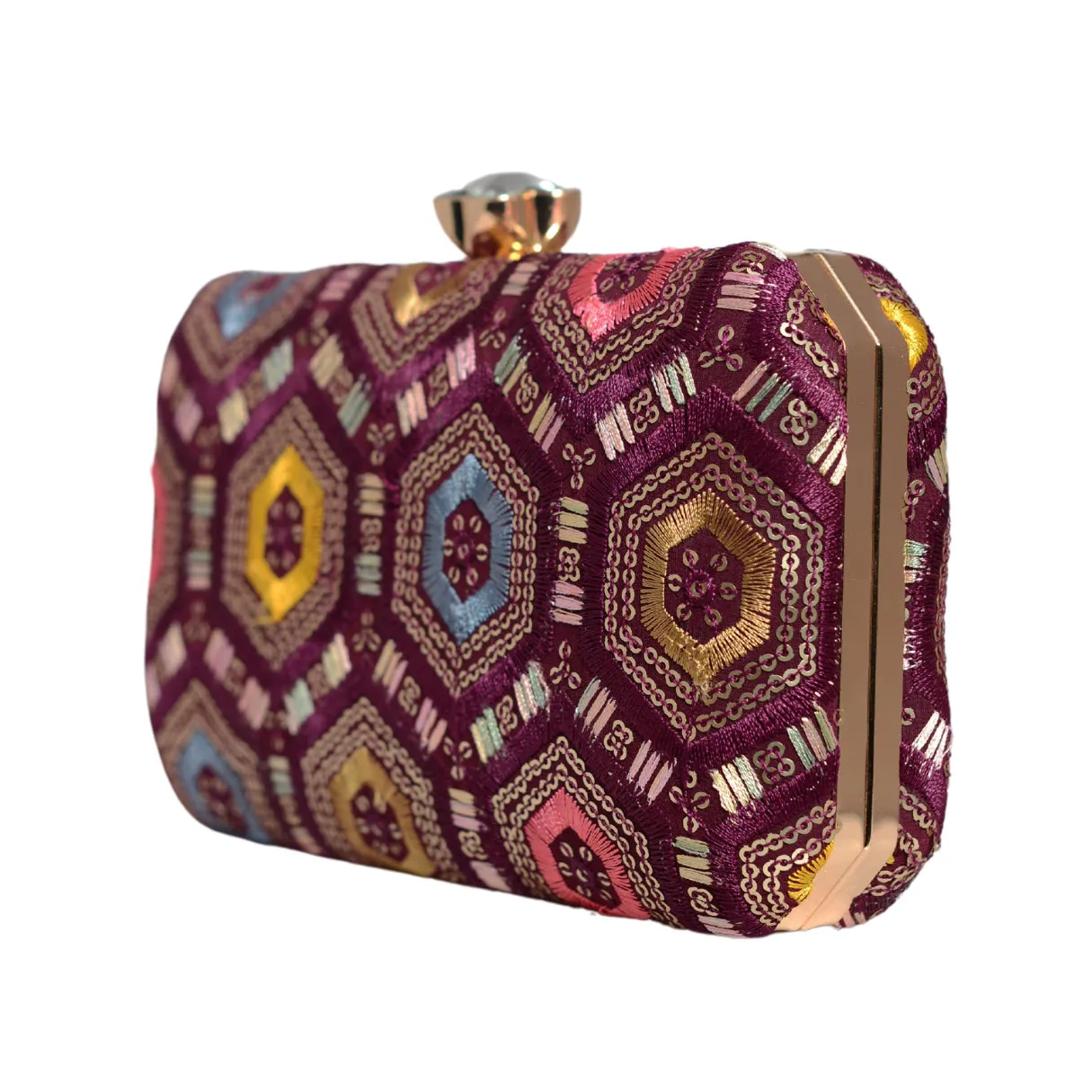 Wine Rectangle Sequins Embroidery Clutch
