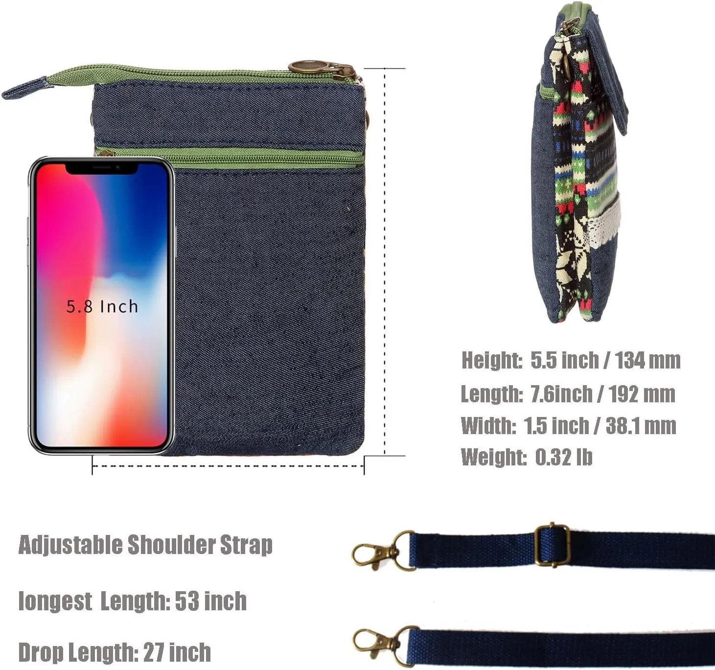 WITERY Leaf Pattern Canvas Cell Phone Purse Wallet Lightweight Small Crossbody Purse Bags for Women Girls