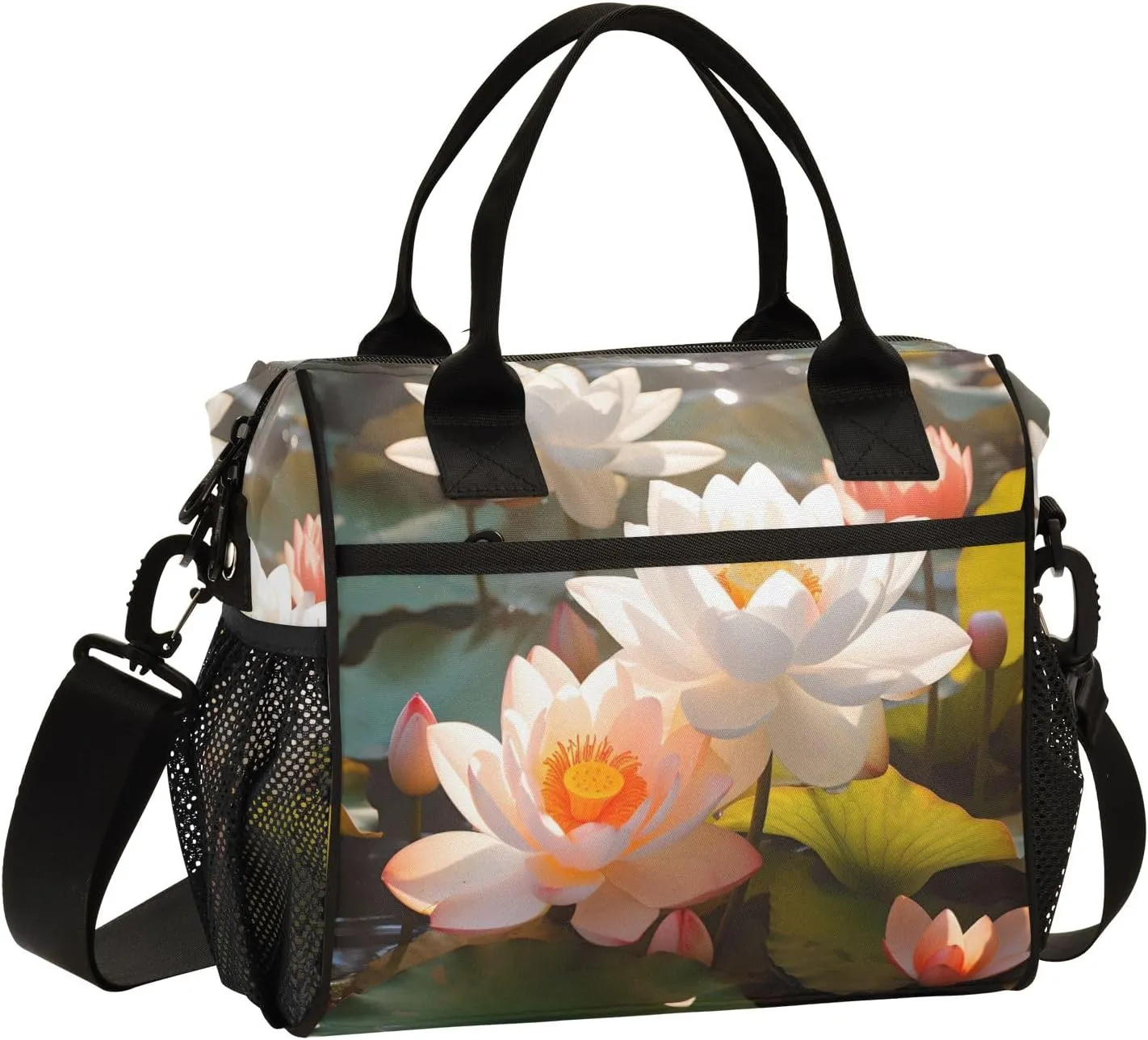 Women Cooler Bags Lunch Bag Reusable Insulated Lunch Bags White Lotus Pond Crossbody with Shoulder Strap Adults S