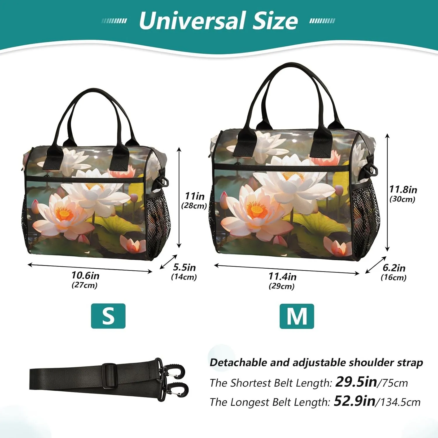 Women Cooler Bags Lunch Bag Reusable Insulated Lunch Bags White Lotus Pond Crossbody with Shoulder Strap Adults S